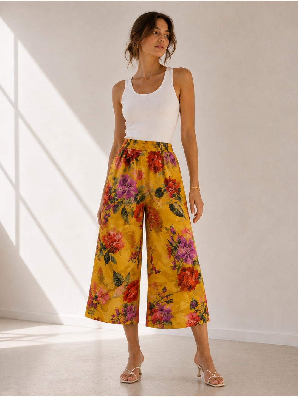 Alice + Olivia High Rise Floral Wide Leg Crop Pants 4 Yellow Multicolor Palazzo